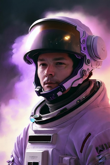 Una pintura digital de un hombre en un traje espacial con casco y micrófono