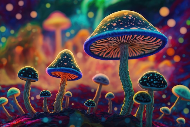 Una pintura digital de hongos con luces brillantes.