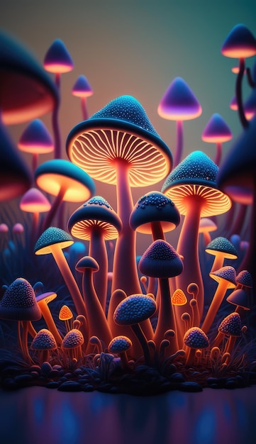 Una pintura digital de hongos con luces brillantes.