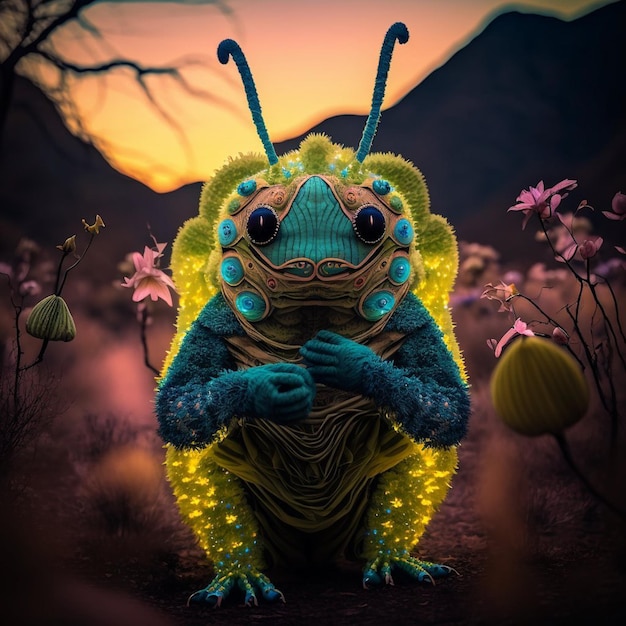 Una pintura digital de un insecto con ojos brillantes.