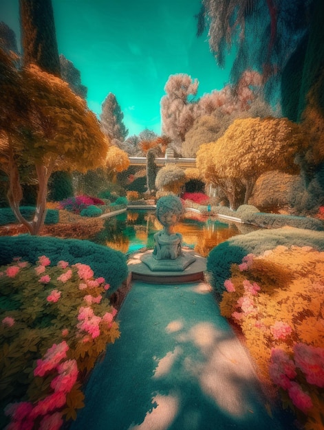 Una pintura digital de un jardín con una fuente en el medio.