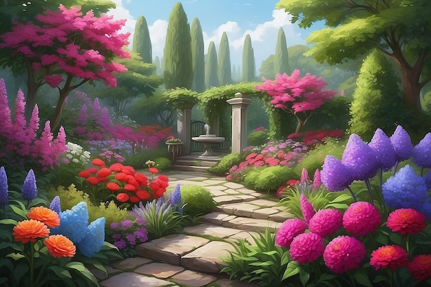 Pintura digital del jardín tranquilo con flores de panal