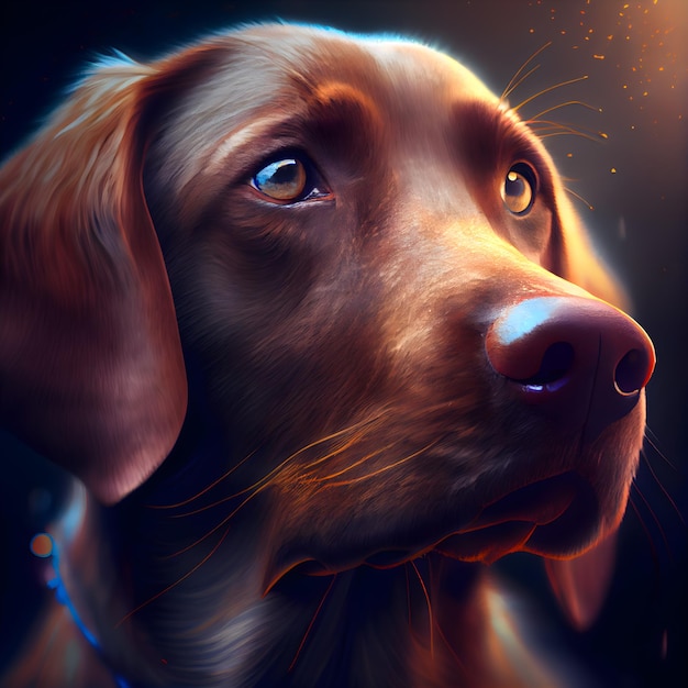 Pintura digital de un Labrador Retriever mirando hacia arriba en la oscuridad