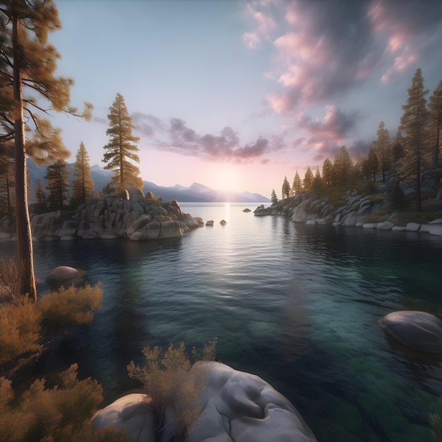 Una pintura digital de un lago con árboles y montañas al fondo.