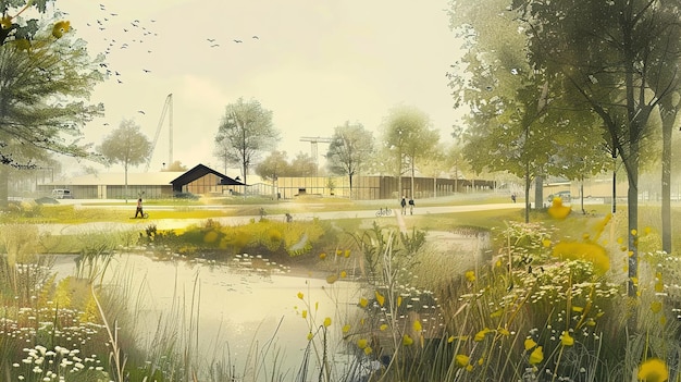 una pintura digital de un lago con una casa y árboles en el fondo