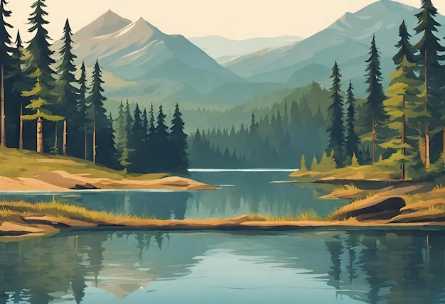 Foto una pintura digital de un lago forestal con montañas en el fondo