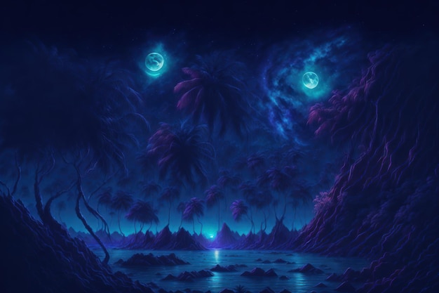 Una pintura digital de un lago y la luna.