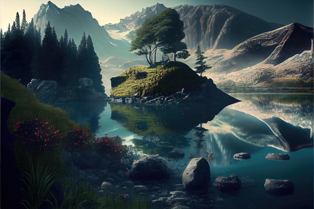 Una pintura digital de un lago de montaña con un lago y montañas al fondo.