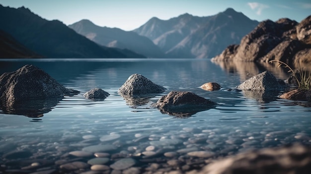 Una pintura digital de un lago con montañas al fondo.