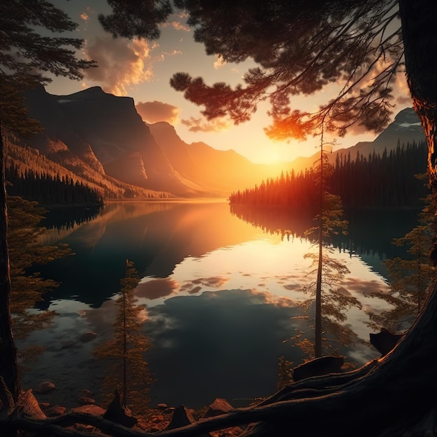 Una pintura digital de un lago con una puesta de sol de fondo.