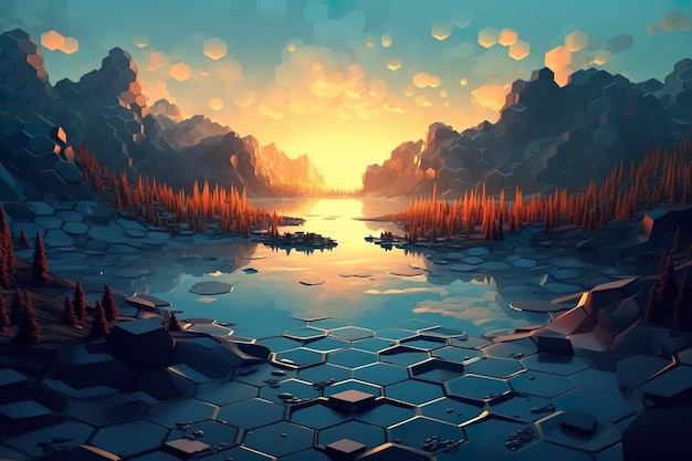 Una pintura digital de un lago rodeado de hexágonos.