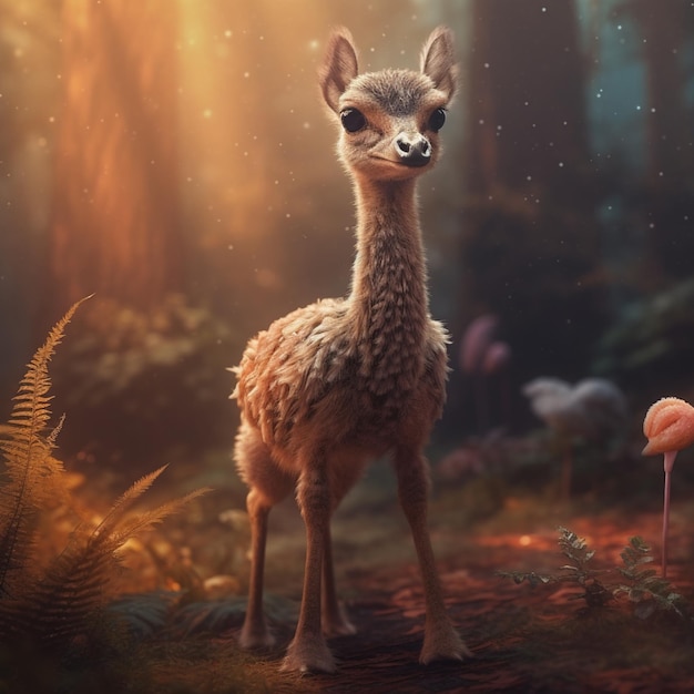 Una pintura digital de una llama bebé en un bosque.