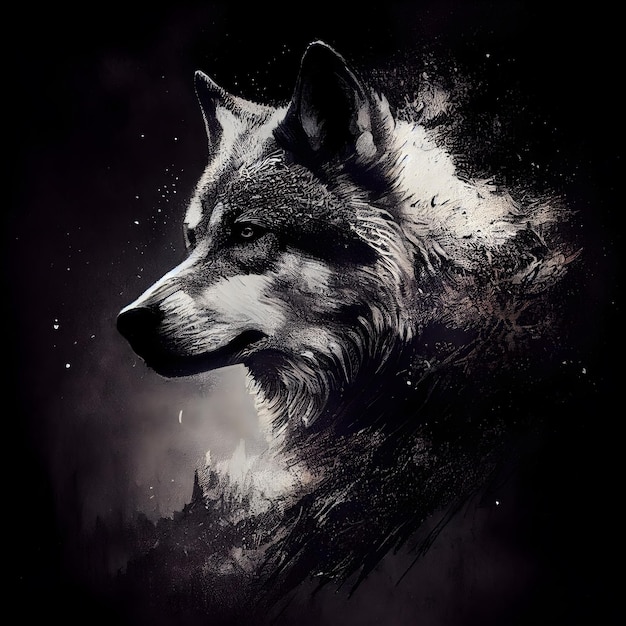 Pintura digital de un lobo en blanco y negro Pintura digital