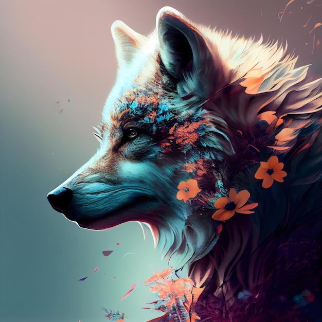 Pintura digital de un lobo con flores en forma de flor