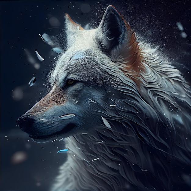 Pintura digital de un lobo en la oscuridad con gotas de agua