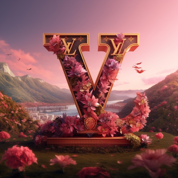 Una pintura digital de un logotipo de louis vuitton con flores en