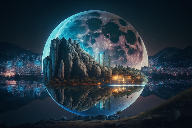 Una pintura digital de una luna reflejada en un lago.