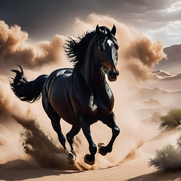 Foto pintura digital de un majestuoso caballo negro galopando a través de una caótica tormenta en el desierto