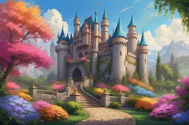 La pintura digital del majestuoso castillo rodeada de coloridas flores de papaya