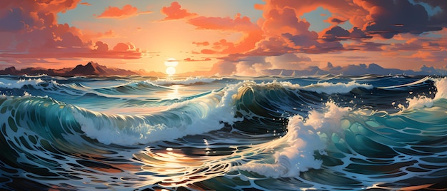 Pintura digital del mar que se eleva hacia el cielo las aguas claras con olas que chocan contra el cielo