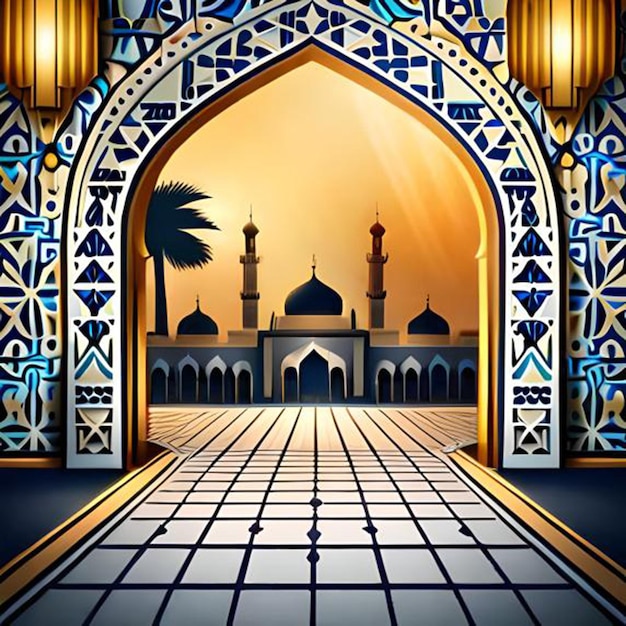 Una pintura digital de una mezquita con un fondo azul y las palabras "ramadan" en la parte inferior.