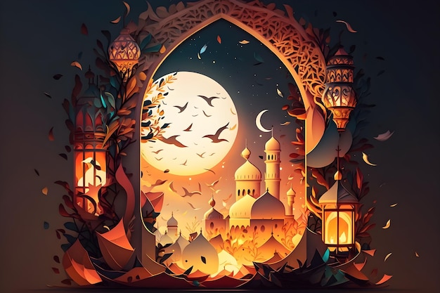 Una pintura digital de una mezquita con una luna al fondo.