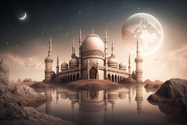 Una pintura digital de una mezquita con una luna al fondo.
