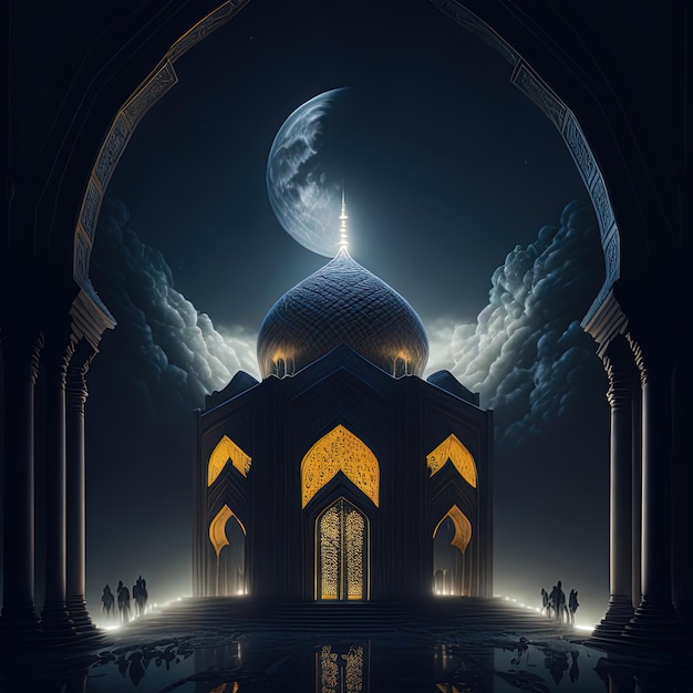 Una pintura digital de una mezquita con la luna de fondo.