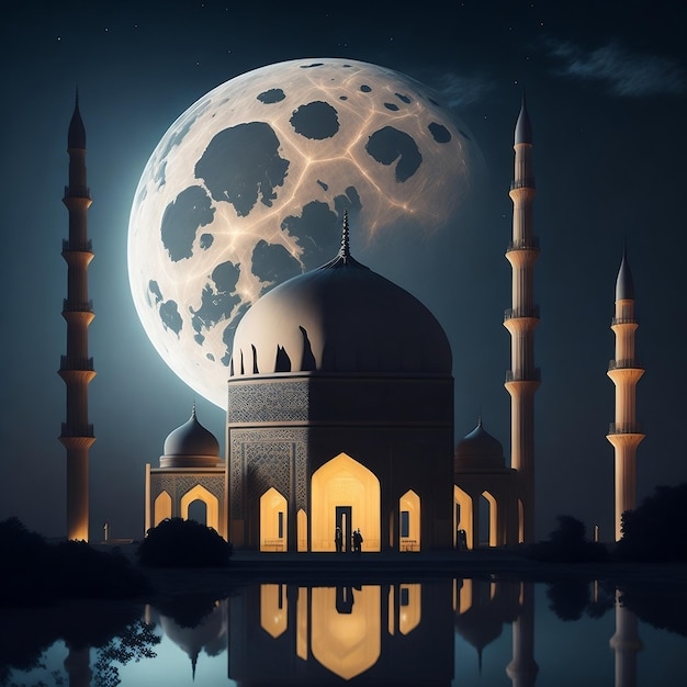 Una pintura digital de una mezquita con una luna en el fondo