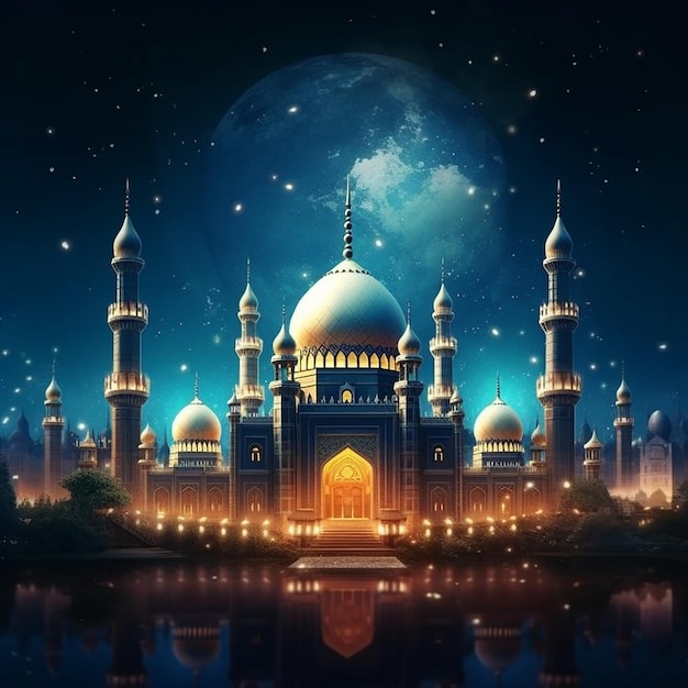 Una pintura digital de una mezquita con luna llena de fondo