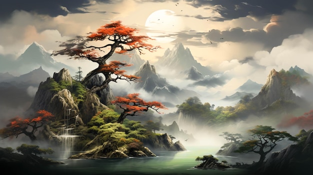 Una pintura digital de una montaña con un árbol de acuarela.