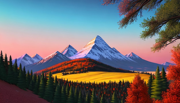 Pintura digital de una montaña con un árbol de colores en primer plano