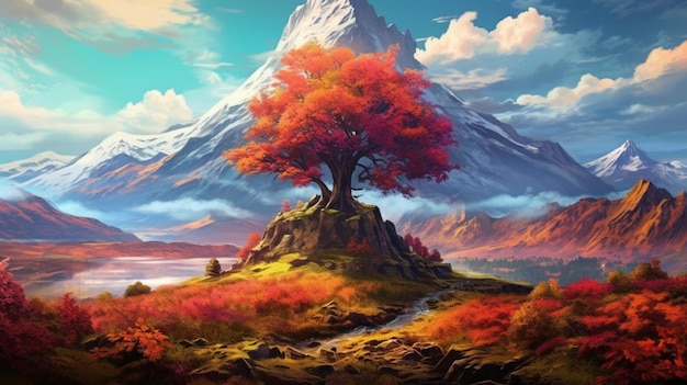 Una pintura digital de una montaña con un árbol colorido en primer plano IA generativa