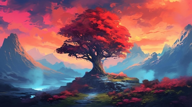 Una pintura digital de una montaña con un árbol colorido en primer plano IA generativa