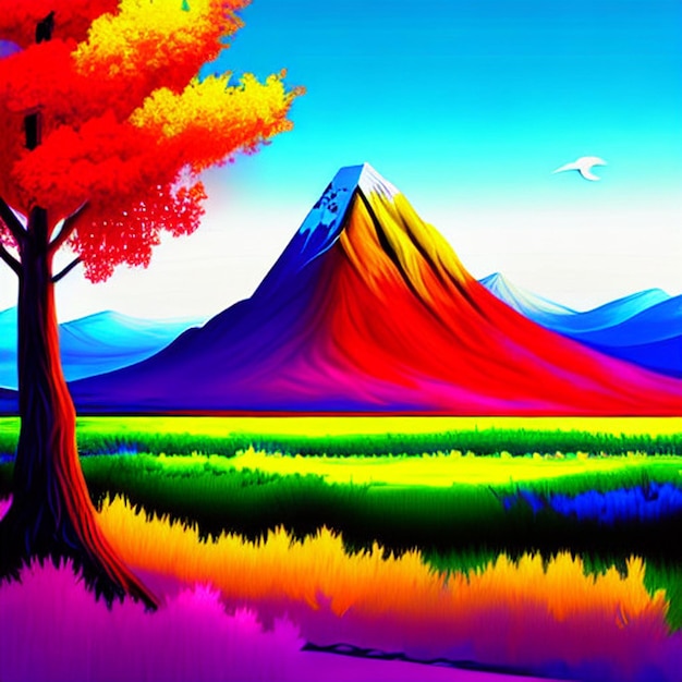 Una pintura digital de una montaña con un árbol colorido en primer plano