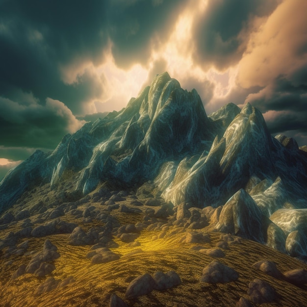 Una pintura digital de una montaña con un cielo nublado de fondo.