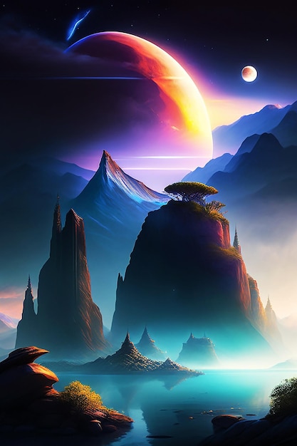 Una pintura digital de montañas con planetas al fondo.