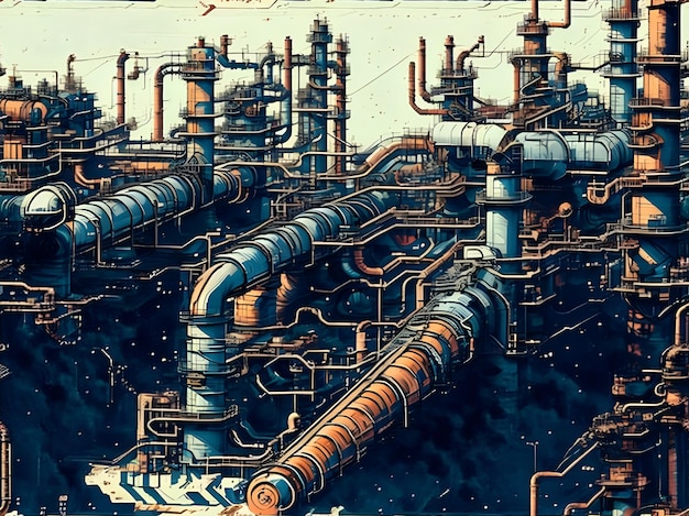 Una pintura digital de un montón de tuberías industriales.