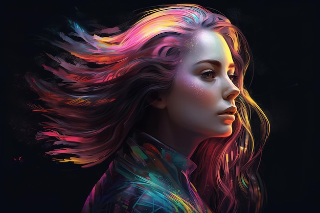 Una pintura digital de una mujer con cabello colorido.