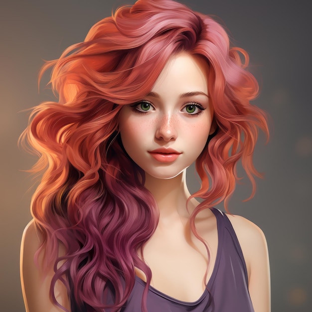 una pintura digital de una mujer con cabello rosado