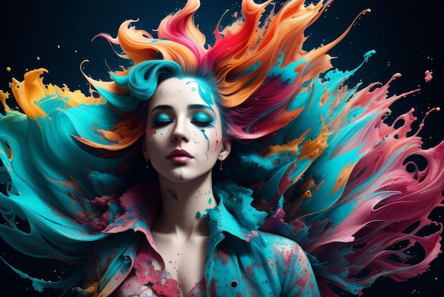 Pintura digital de mujer con cabello teñido cubriendo su rostro