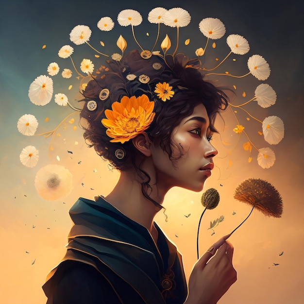 Una pintura digital de una mujer con flores en el pelo.