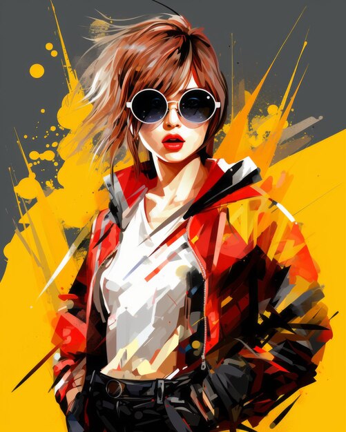 una pintura digital de una mujer con gafas de sol y una chaqueta roja