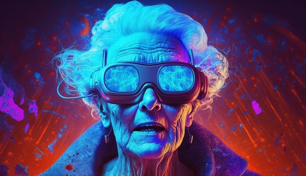 Una pintura digital de una mujer mayor con anteojos y un parche azul en el ojo.