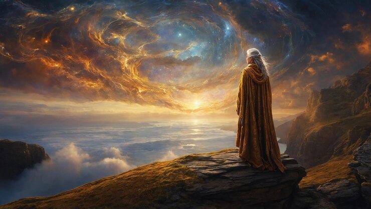 Foto pintura digital de una mujer en el medio de una gran luna