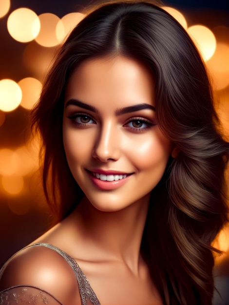 Pintura digital de una mujer con una sonrisa en la cara y un rayo de luces en el fondo