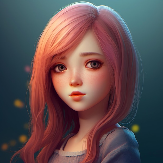 Una pintura digital de una niña con cabello rosa y una camisa azul.