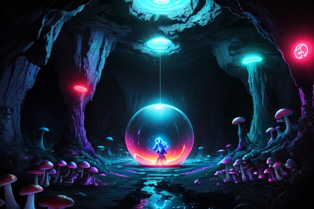 Una pintura digital de una niña en una cueva con una bola azul en el medio.