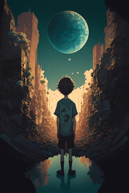 Pintura digital de un niño en medio de un barrio caminando solo