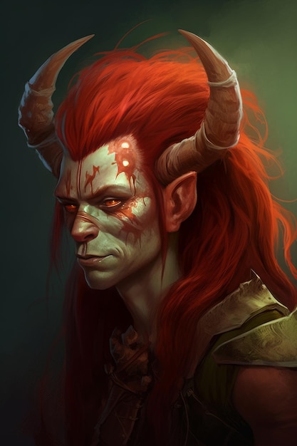 Pintura digital de un orco con cabello rojo largo y cuernos ilustración de fantasía IA generativa